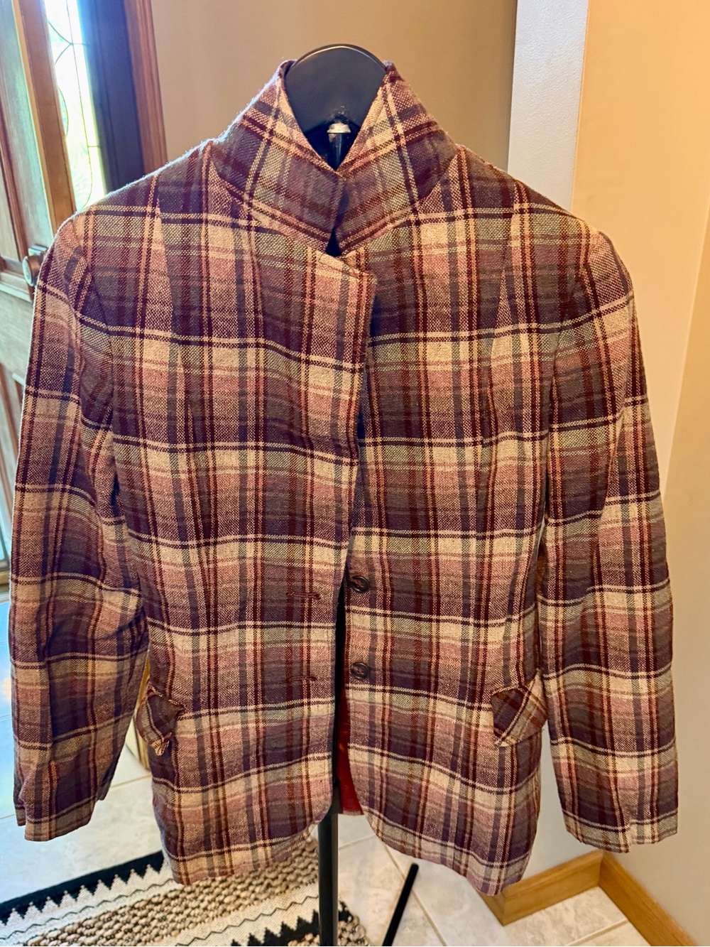 Vintage Plaid Wool Blend Jacket - Burgundy/Tan